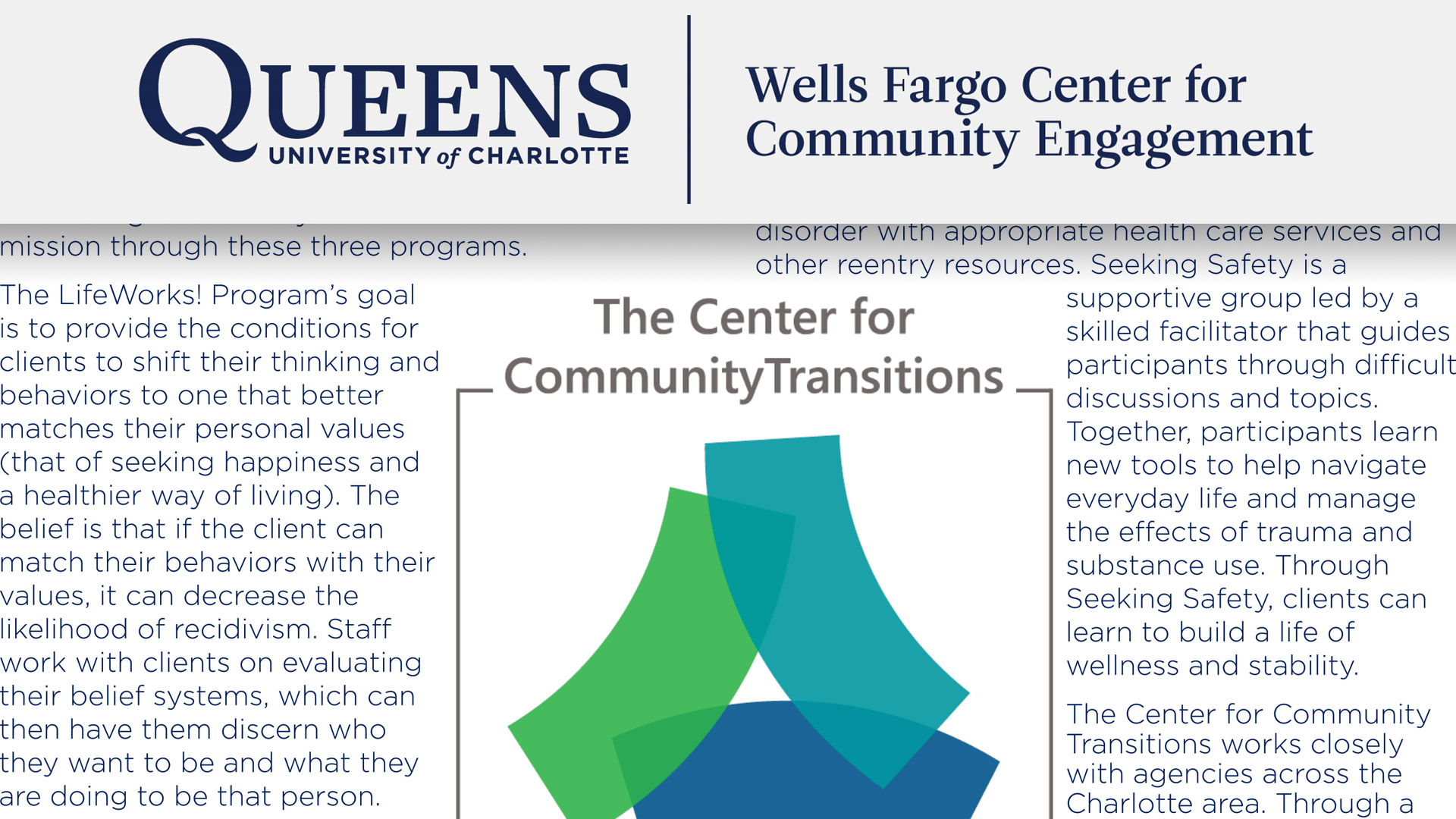 CCT + Wells Fargo Center for Community Engagement + Queens University = Dynamic and sustainable partnership